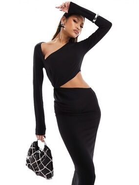 ASOS DESIGN Black Asymmetric Cutout Midi Dress Size 10